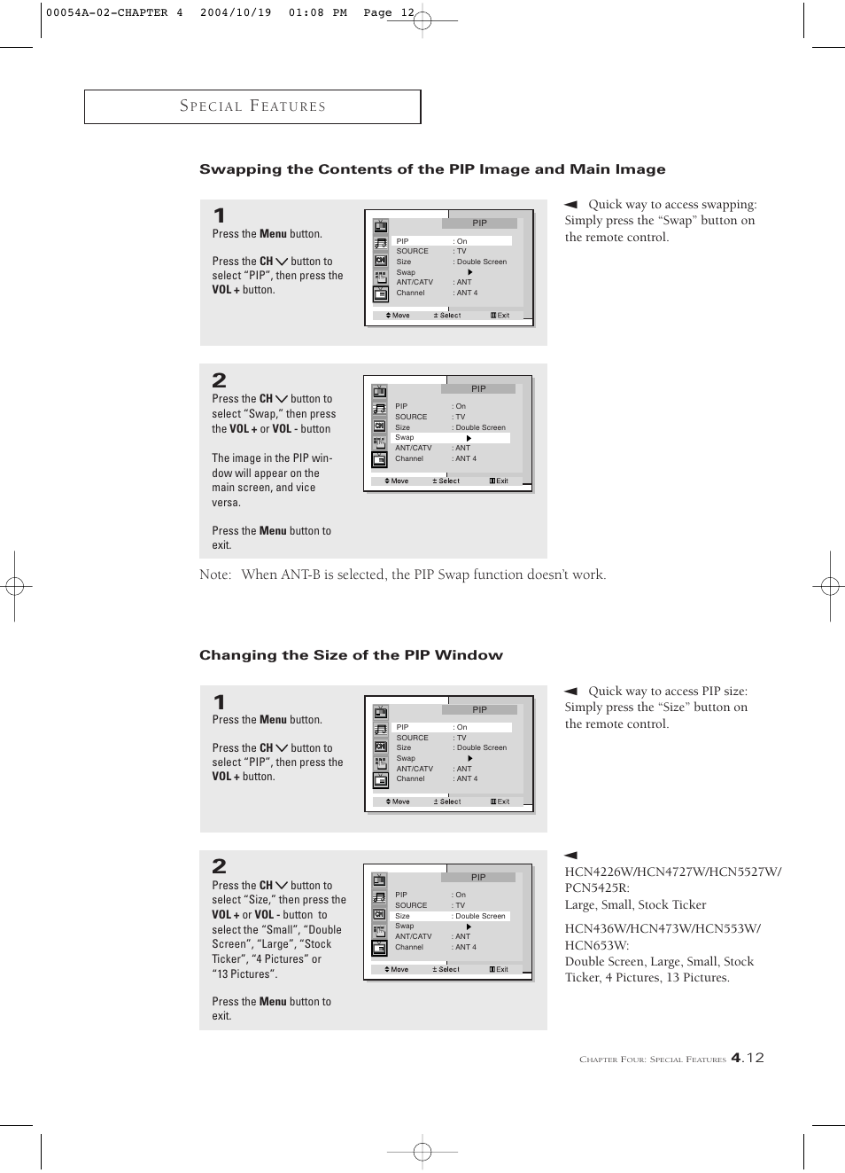 Changing the size of the pip window | Samsung HCN553W User Manual | Page 57 / 71
