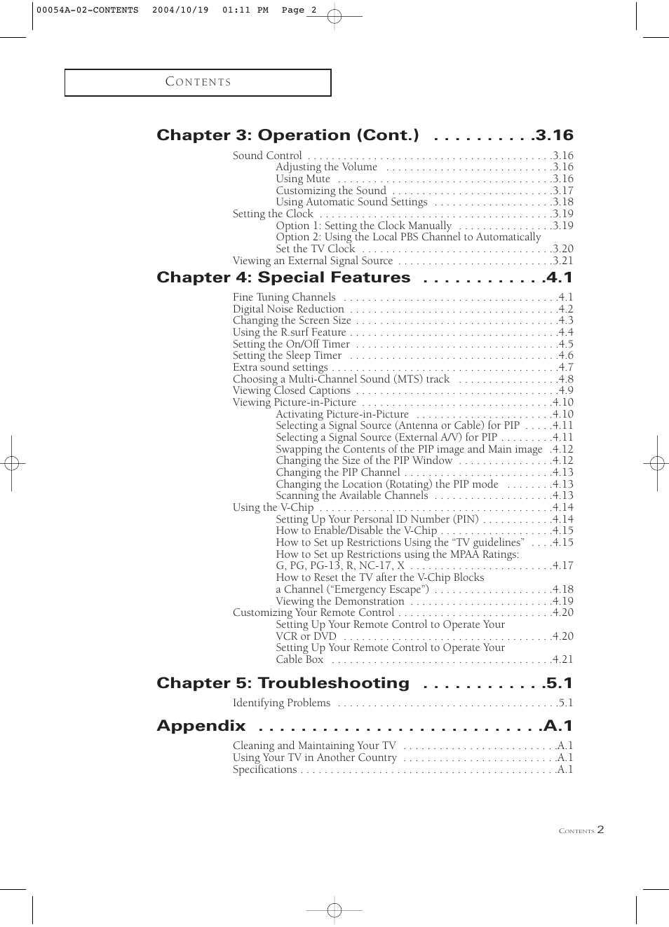 Chapter 3: operation (cont.), Chapter 4: special features, Chapter 5: troubleshooting | Samsung HCN553W User Manual | Page 7 / 71