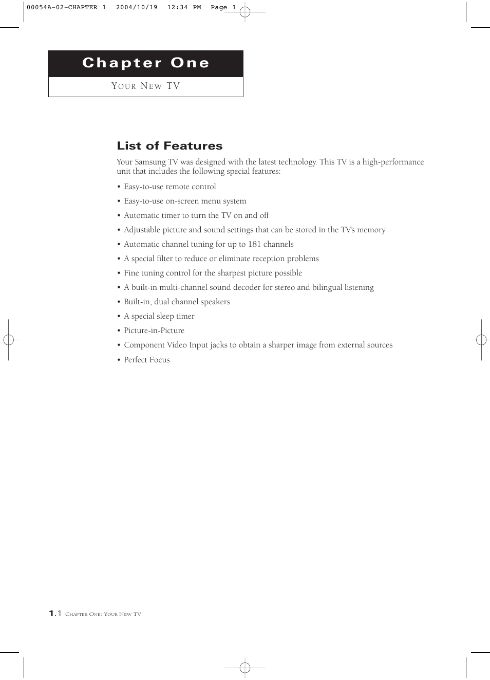 Chapter 1: your new tv, List of features | Samsung HCN553W User Manual | Page 8 / 71