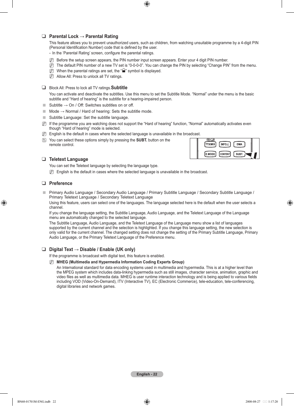 Parental lock → parental rating, Subtitle, Teletext language | Preference, Digital text → disable / enable (uk only) | Samsung BN68-01701M-00 User Manual | Page 24 / 64