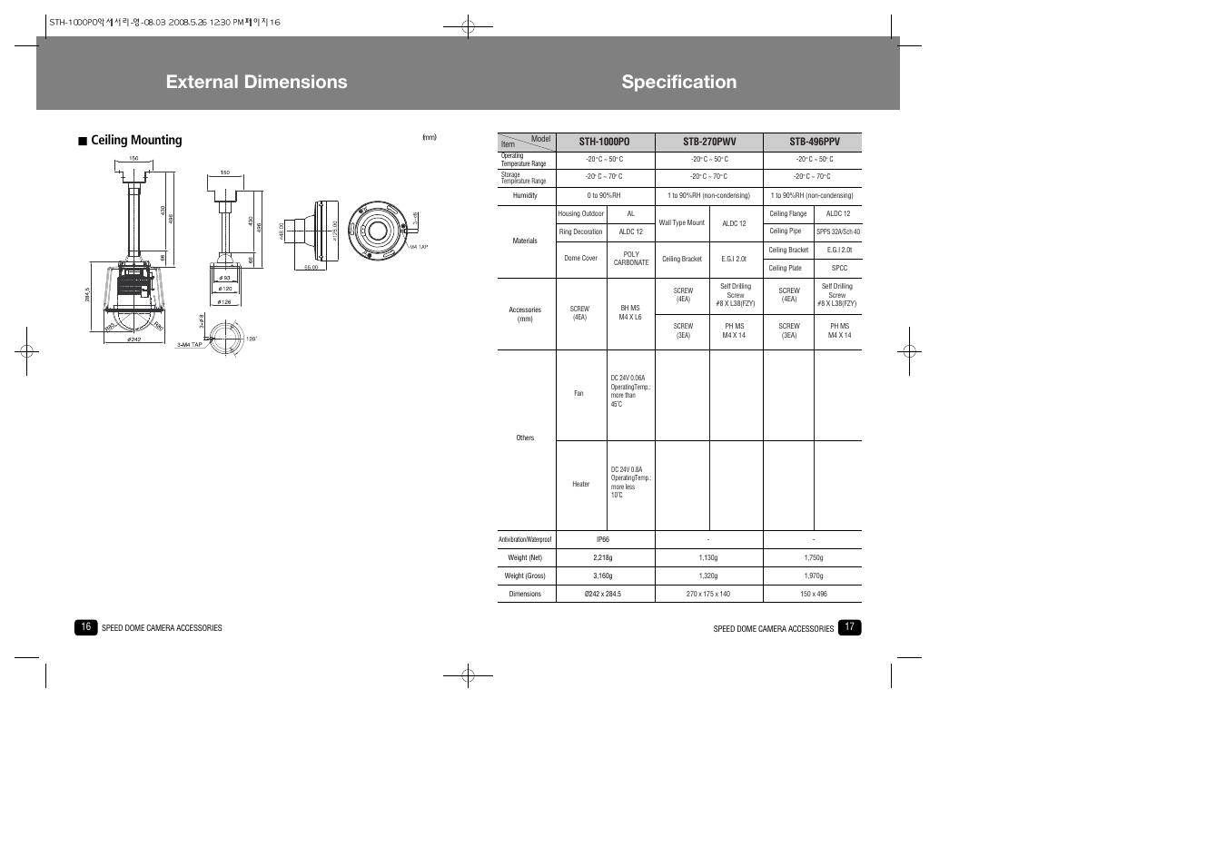 External dimensions, Specification, Ceiling mounting | Samsung STB-496PPV User Manual | Page 9 / 10