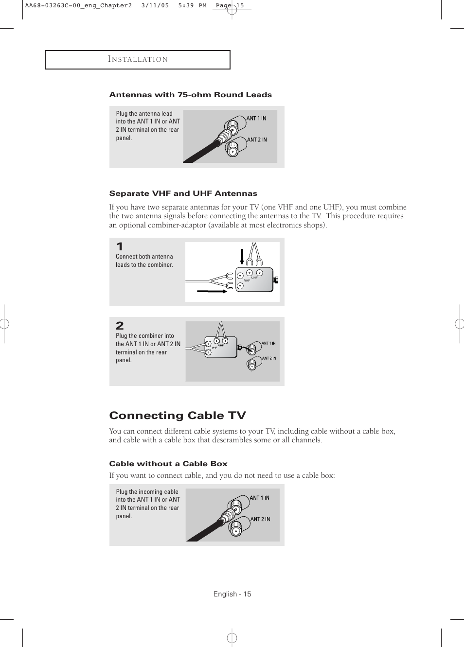 Antennas with 75-ohm round leads, Separate vhf and uhf antennas, Connecting cable tv | Cable without a cable box | Samsung DynaFlat TX R3075WH User Manual | Page 15 / 80