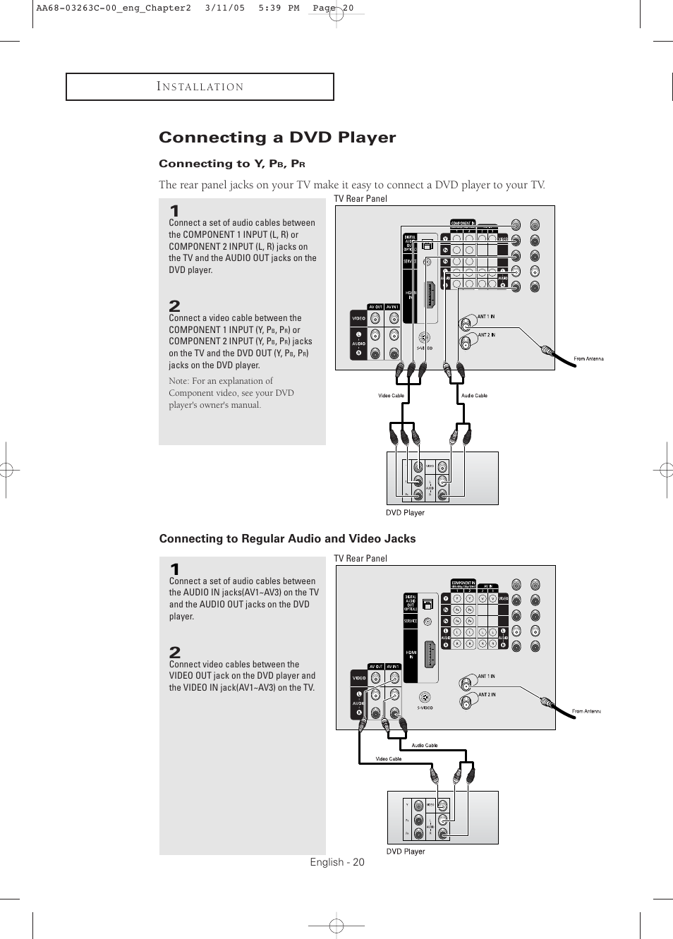 Connecting a dvd player, Connecting to y, pb, pr, Connecting to regular audio and video jacks | Samsung DynaFlat TX R3075WH User Manual | Page 20 / 80