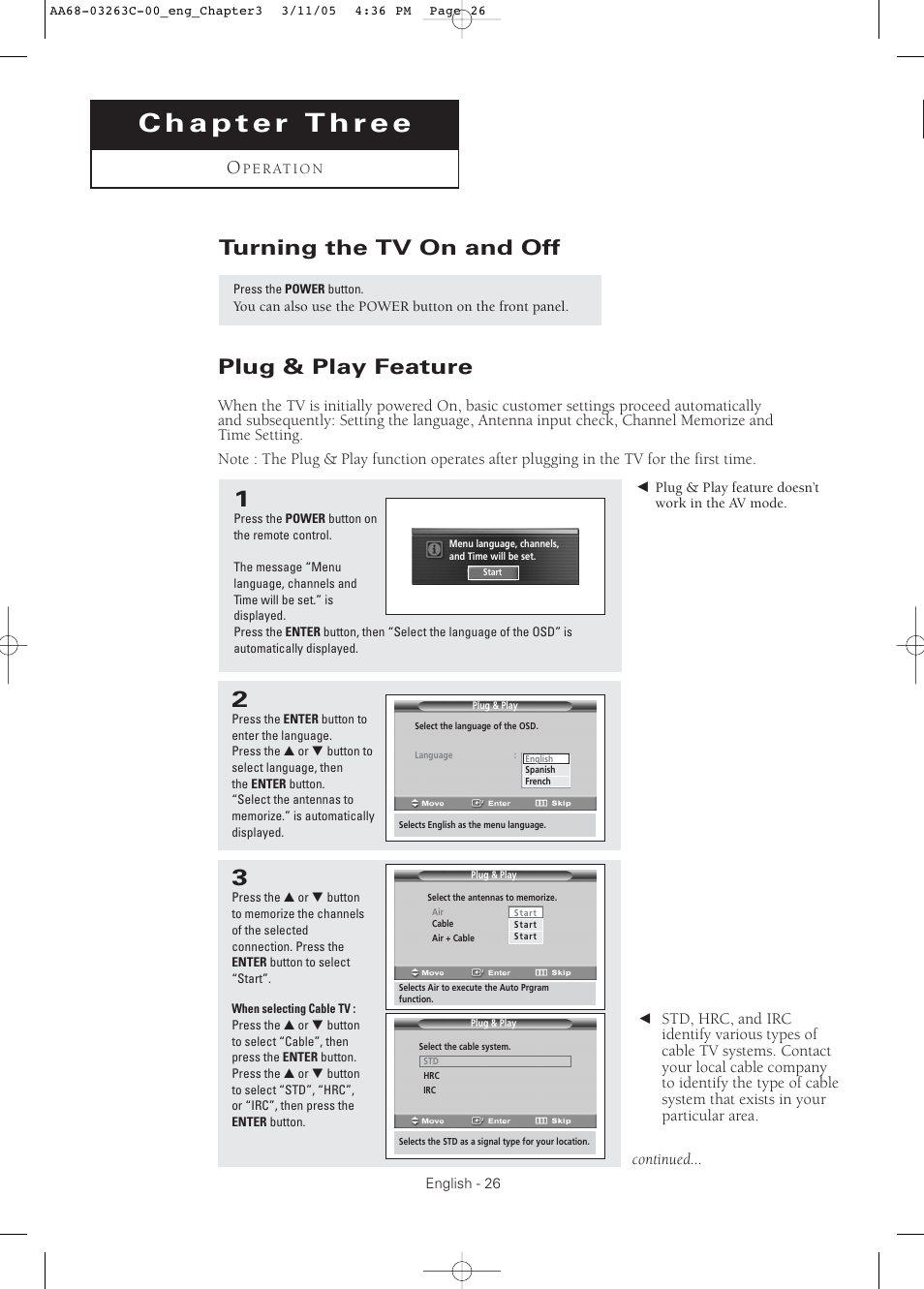 Chapter 3: operation, Turning the tv on and off, Plug & play feature | Samsung DynaFlat TX R3075WH User Manual | Page 26 / 80