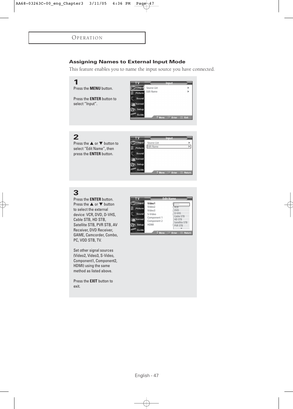 Assigning names to external input mode, English - 47, P e r at i o n | Samsung DynaFlat TX R3075WH User Manual | Page 47 / 80