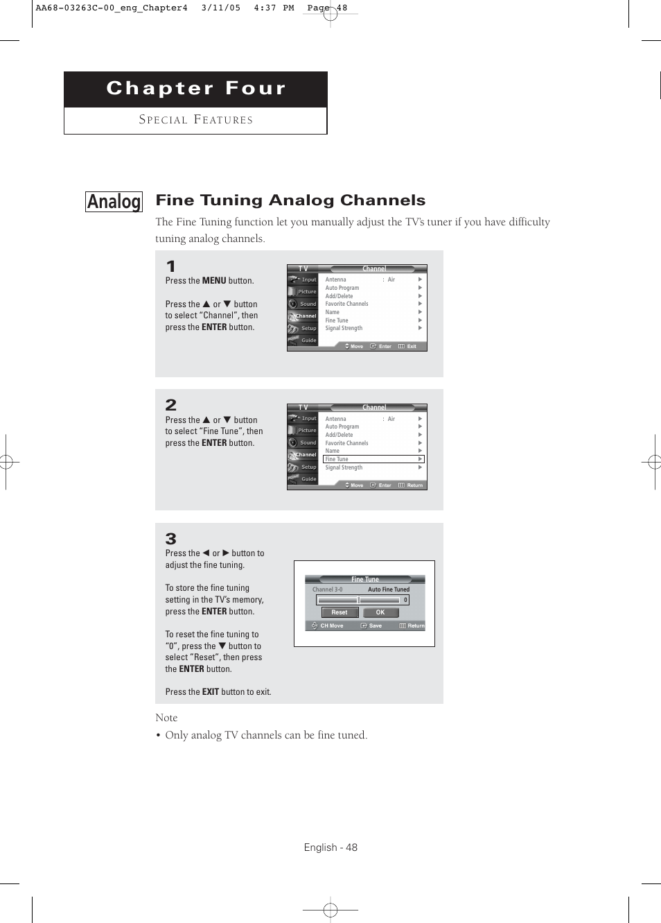 Chapter 4: special features, Fine tuning analog channels, Analog | Samsung DynaFlat TX R3075WH User Manual | Page 48 / 80