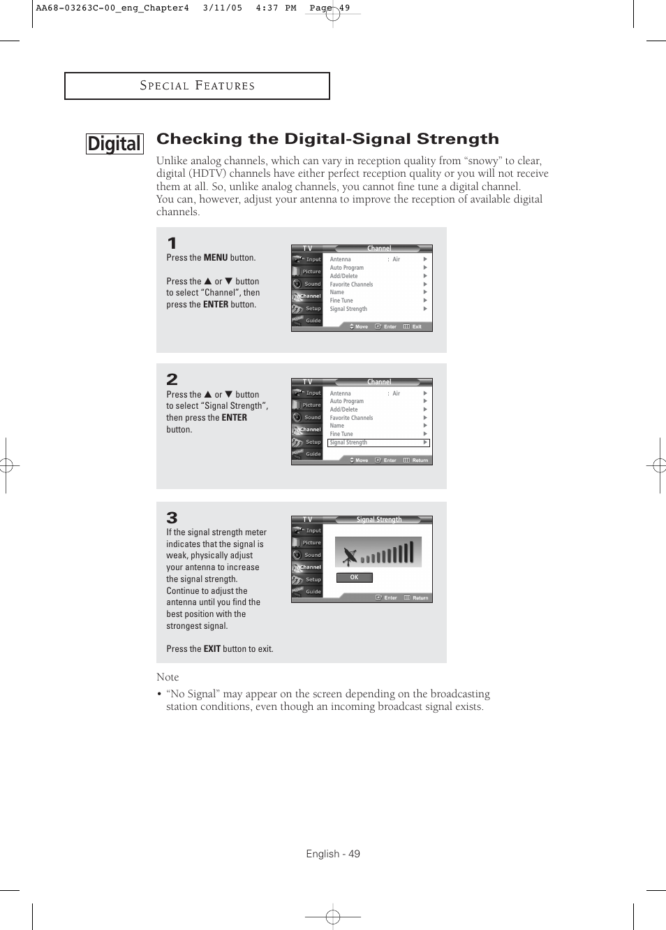 Checking the digital-signal strength, Digital | Samsung DynaFlat TX R3075WH User Manual | Page 49 / 80