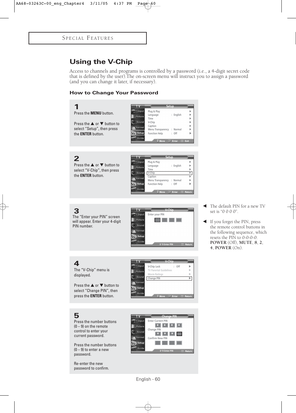 Using the v-chip, How to change your password | Samsung DynaFlat TX R3075WH User Manual | Page 60 / 80
