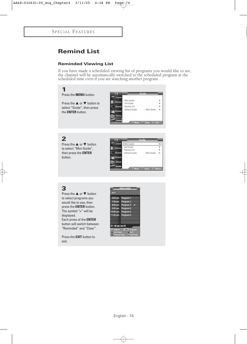 Remind list, Reminded viewing list | Samsung DynaFlat TX R3075WH User Manual | Page 74 / 80
