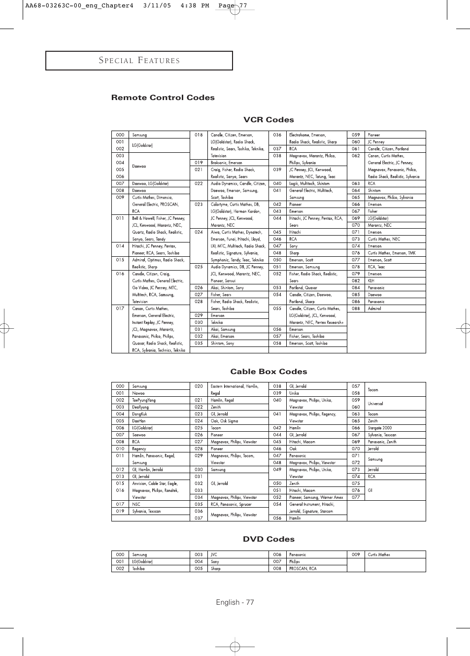 Remote control codes | Samsung DynaFlat TX R3075WH User Manual | Page 77 / 80