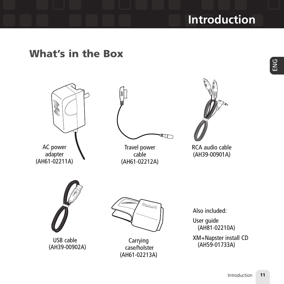 Introduction, What’s in the box | Samsung XM2go User Manual | Page 11 / 92