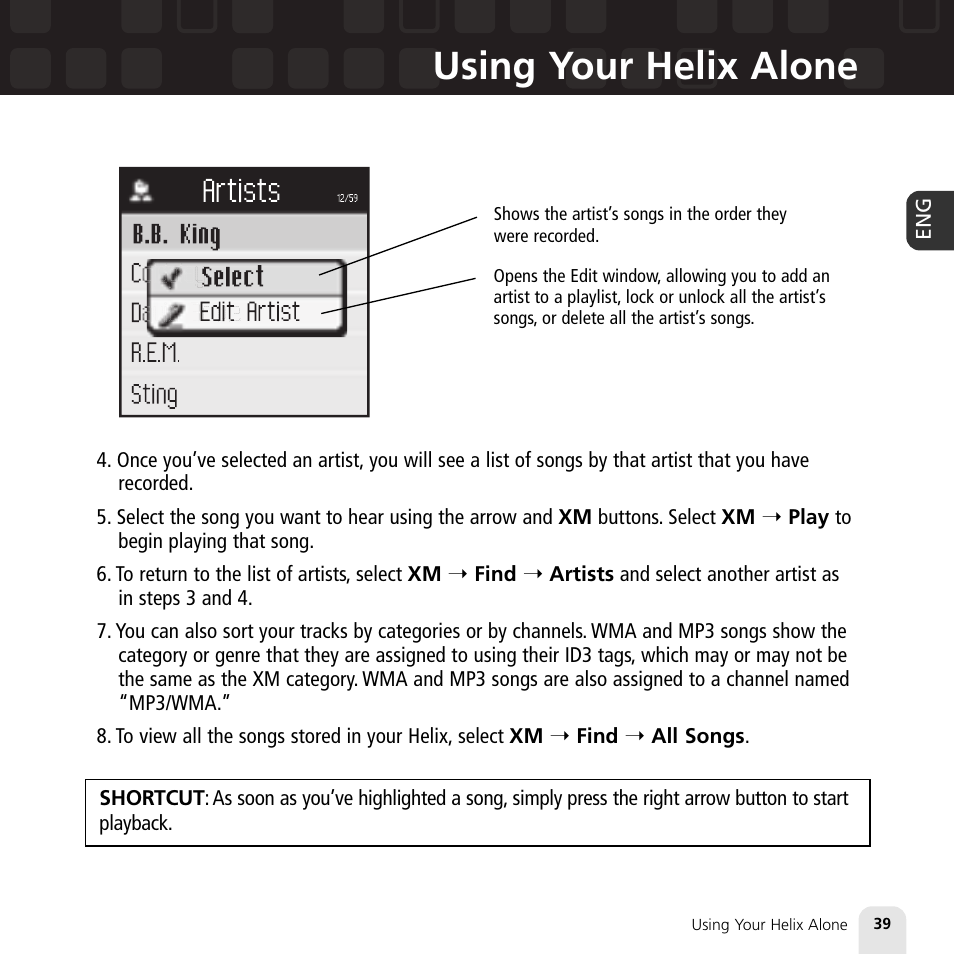 Using your helix alone | Samsung XM2go User Manual | Page 39 / 92
