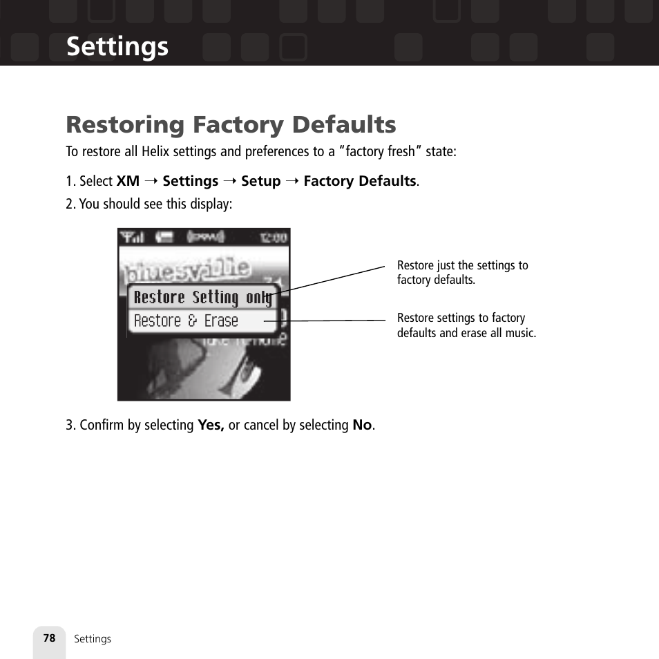 Settings, Restoring factory defaults | Samsung XM2go User Manual | Page 78 / 92