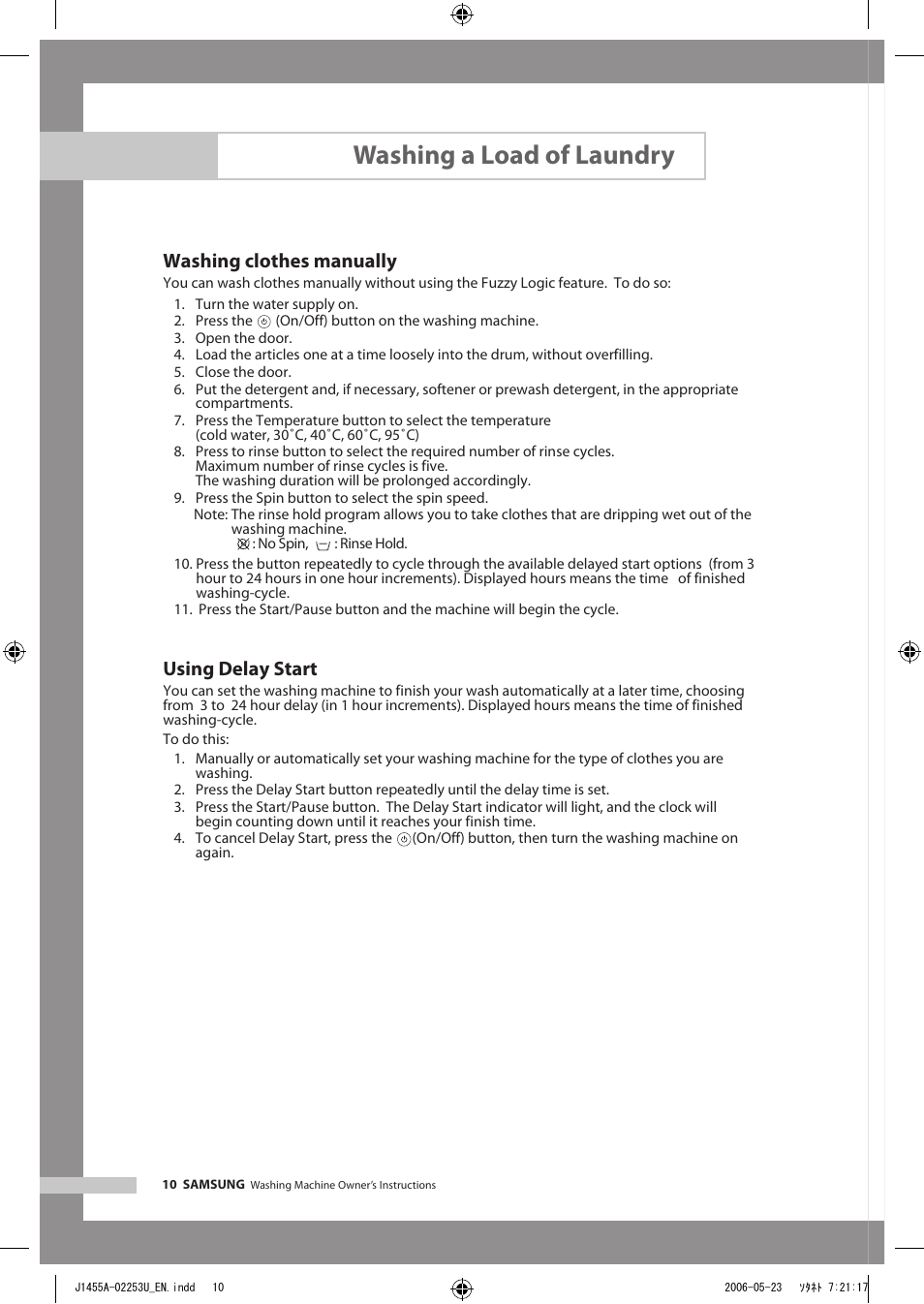 Washing a load of laundry, Washing clothes manually, Using delay start | Samsung J1455AS User Manual | Page 14 / 24