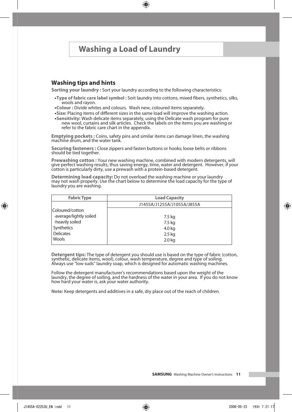 Washing a load of laundry, Washing tips and hints | Samsung J1455AS User Manual | Page 15 / 24