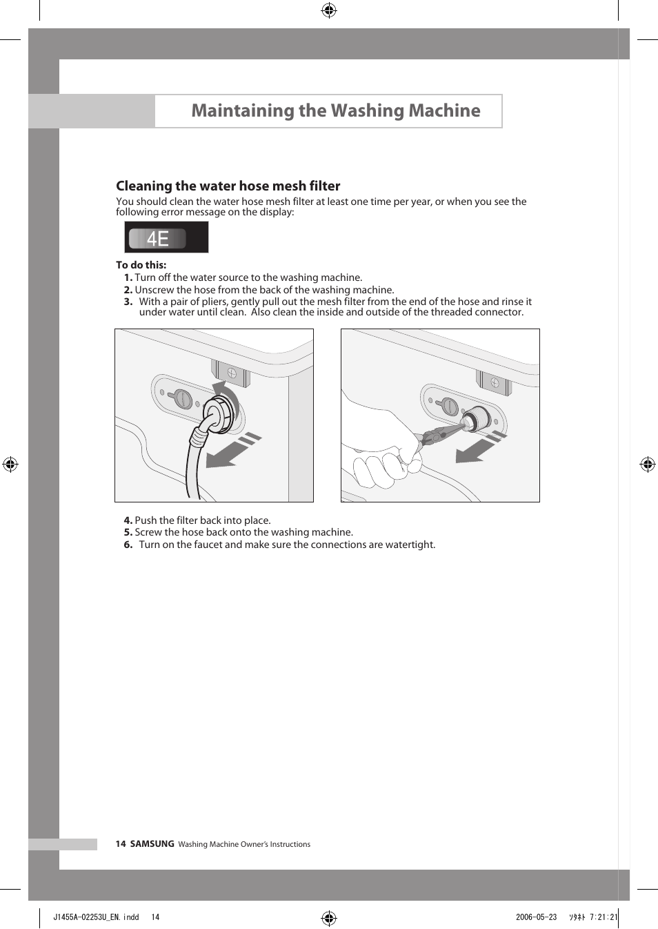 Maintaining the washing machine, Cleaning the water hose mesh filter | Samsung J1455AS User Manual | Page 18 / 24