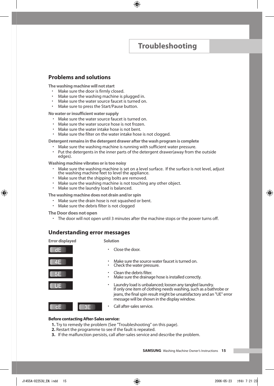 Troubleshooting, Problems and solutions, Understanding error messages | De ue ce 3e | Samsung J1455AS User Manual | Page 19 / 24