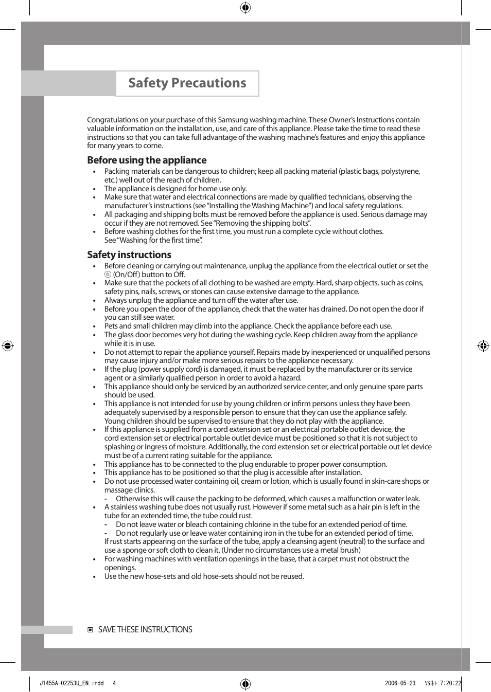 Safety precautions, Before using the appliance, Safety instructions | Samsung J1455AS User Manual | Page 4 / 24