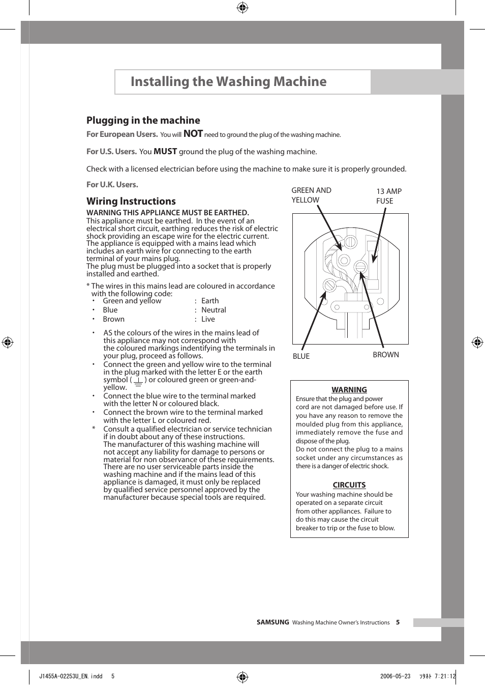 Installing the washing machine, Plugging in the machine, Wiring lnstructions | Samsung J1455AS User Manual | Page 9 / 24