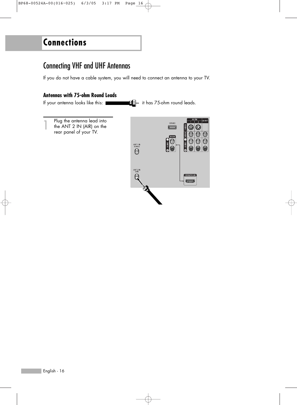 Connecting vhf and uhf antennas, Antennas with 75-ohm round leads, Connections | Samsung HL-R6156W User Manual | Page 16 / 96