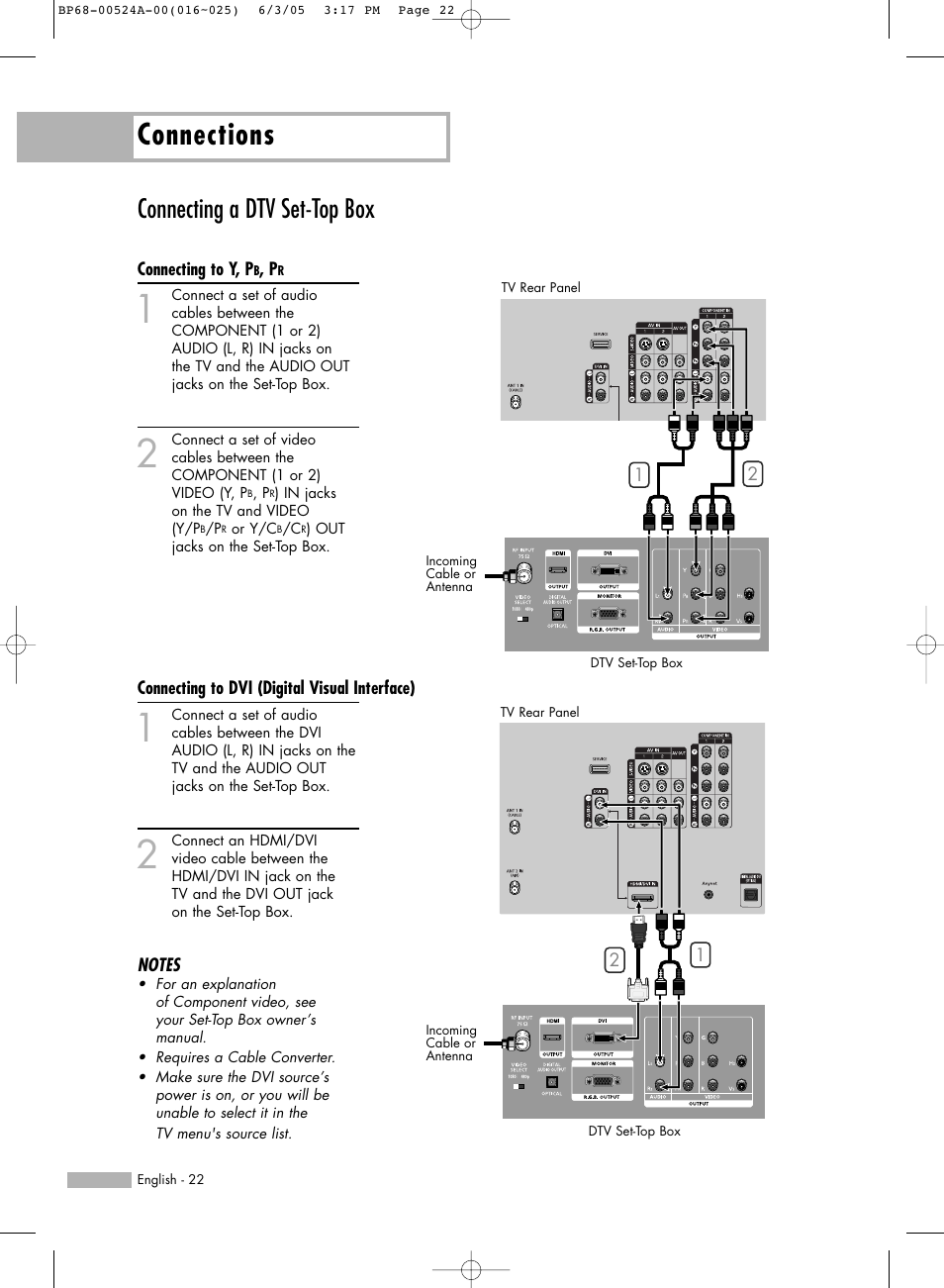 Connecting a dtv set-top box, Connecting to y, pb, pr, Connecting to dvi (digital visual interface) | Connections | Samsung HL-R6156W User Manual | Page 22 / 96