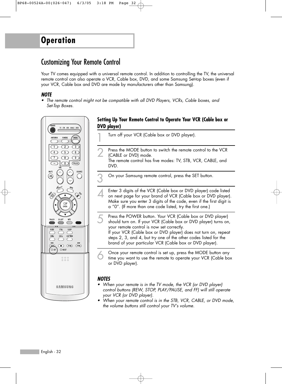 Customizing your remote control, Operation | Samsung HL-R6156W User Manual | Page 32 / 96