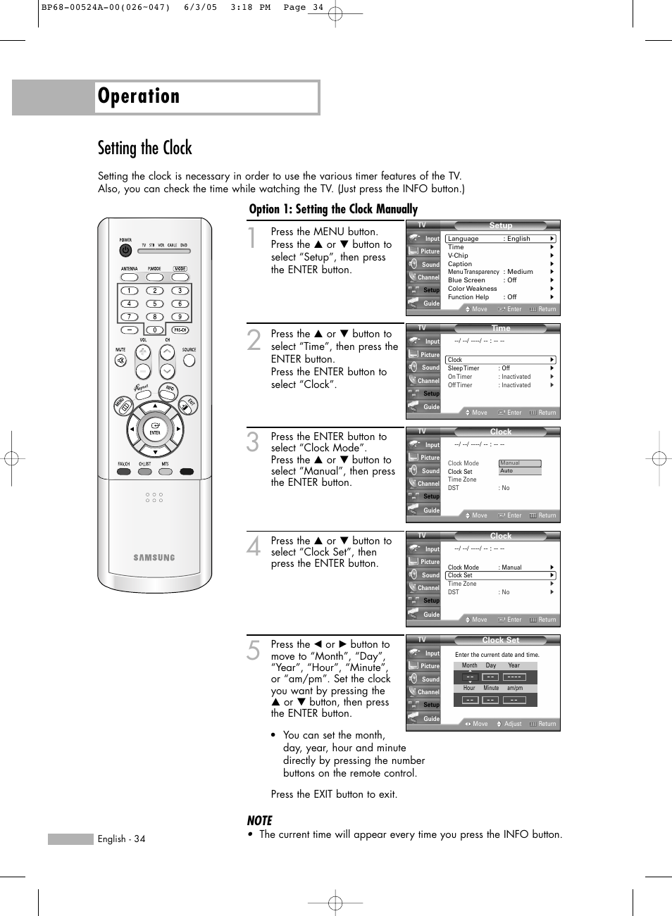 Setting the clock, Operation, Option 1: setting the clock manually | Samsung HL-R6156W User Manual | Page 34 / 96