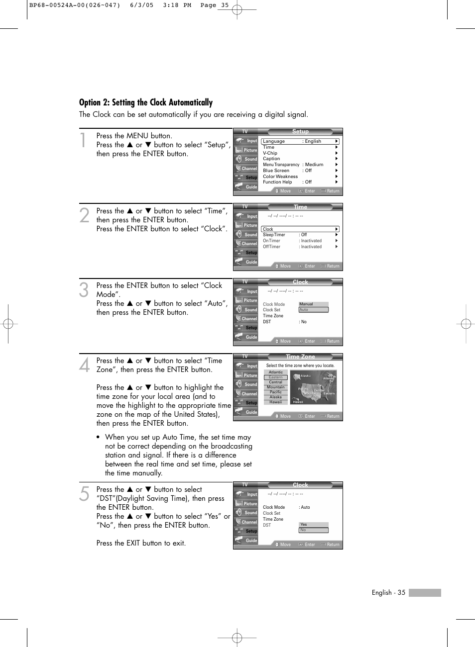 Option 2: setting the clock automatically | Samsung HL-R6156W User Manual | Page 35 / 96