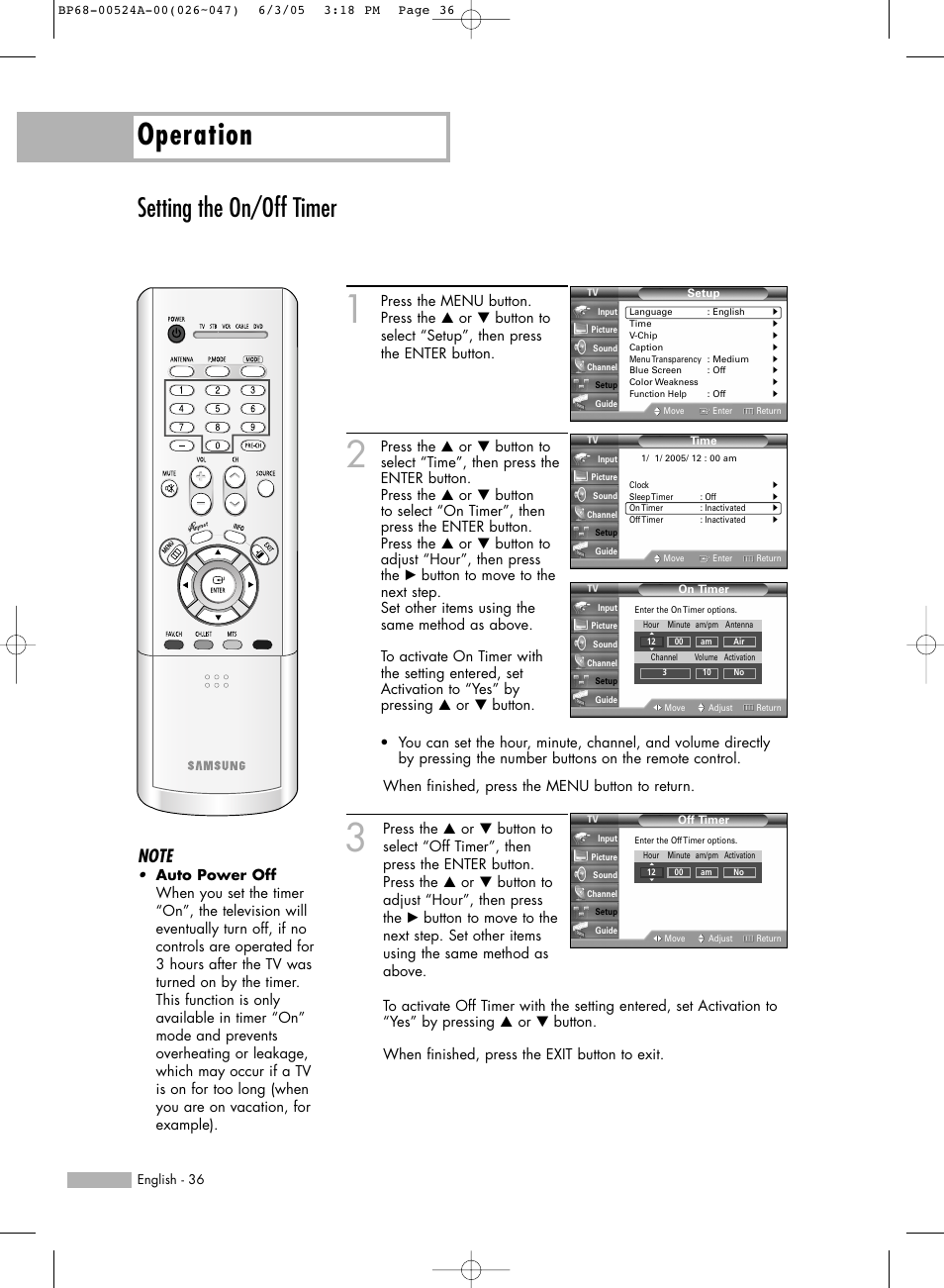 Setting the on/off timer, Operation | Samsung HL-R6156W User Manual | Page 36 / 96