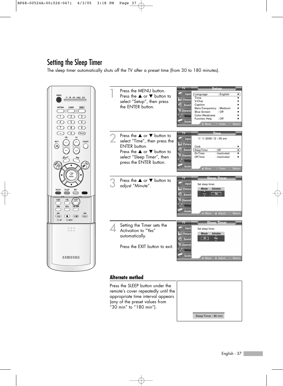 Setting the sleep timer, Alternate method | Samsung HL-R6156W User Manual | Page 37 / 96