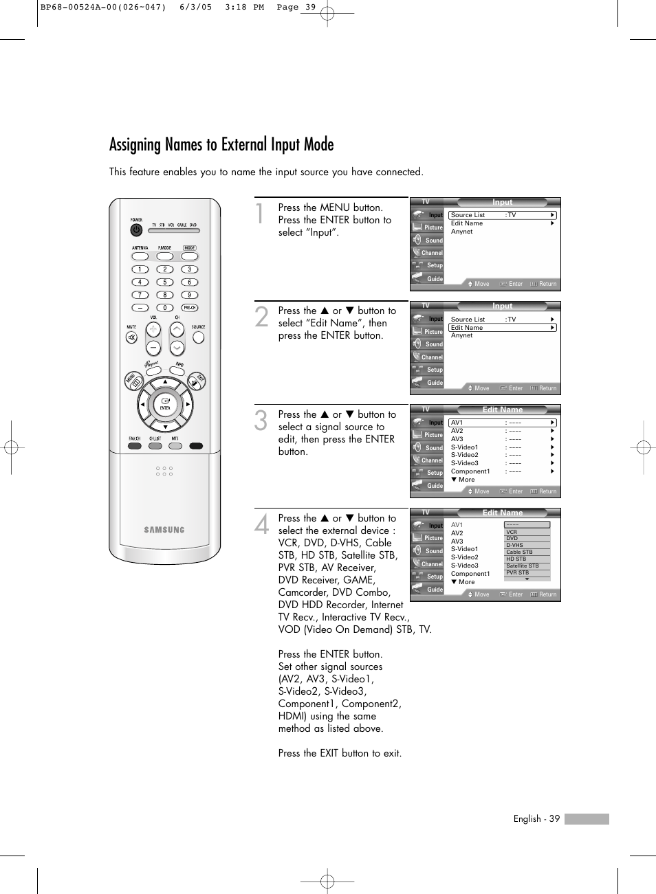 Assigning names to external input mode | Samsung HL-R6156W User Manual | Page 39 / 96