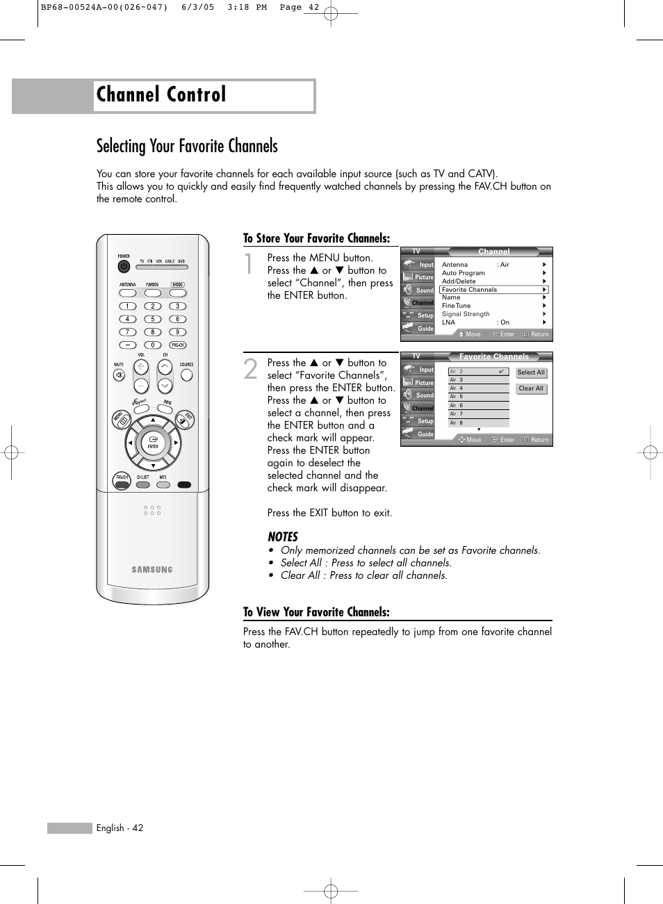 Selecting your favorite channels, Channel control | Samsung HL-R6156W User Manual | Page 42 / 96