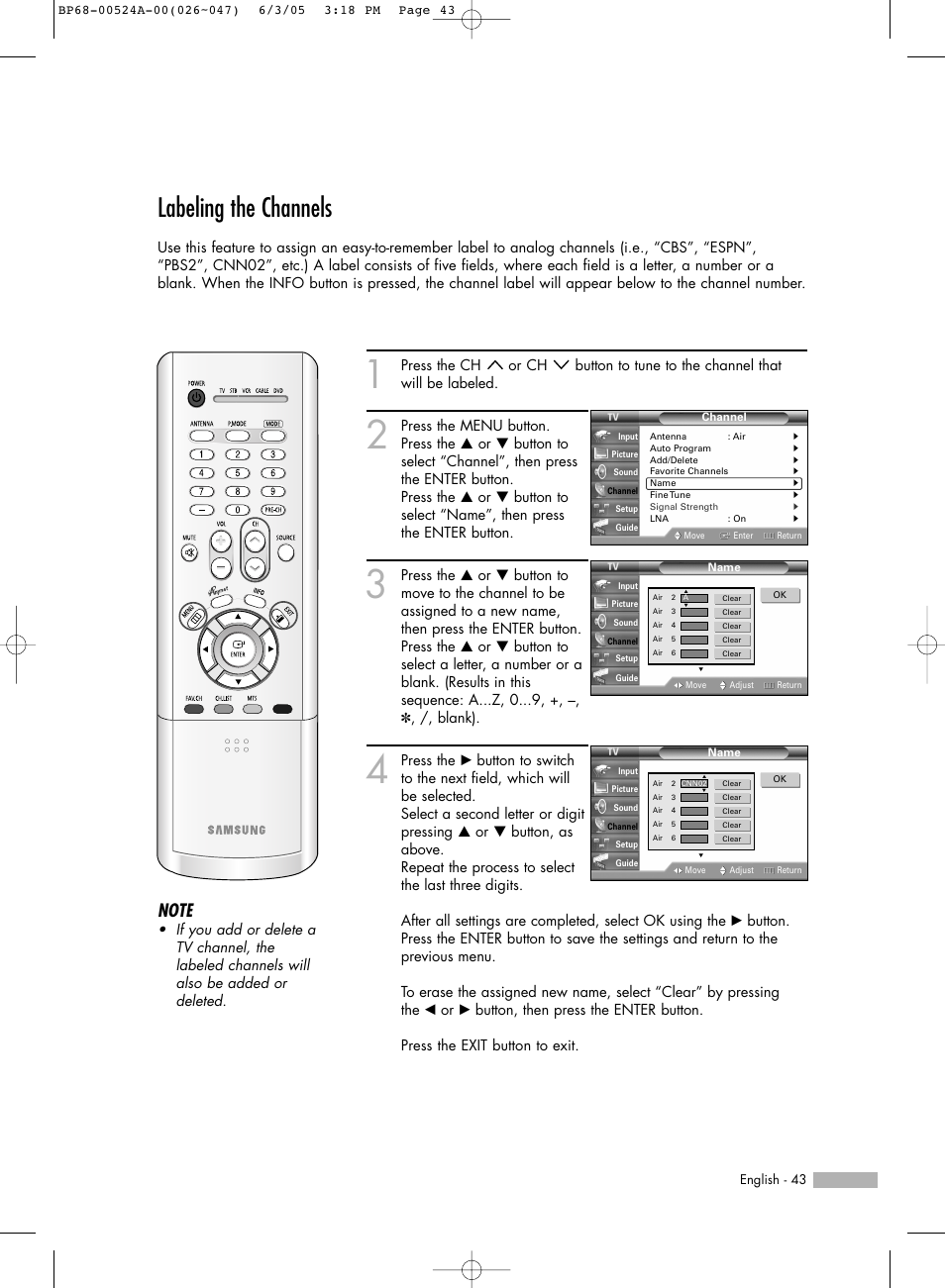 Labeling the channels | Samsung HL-R6156W User Manual | Page 43 / 96