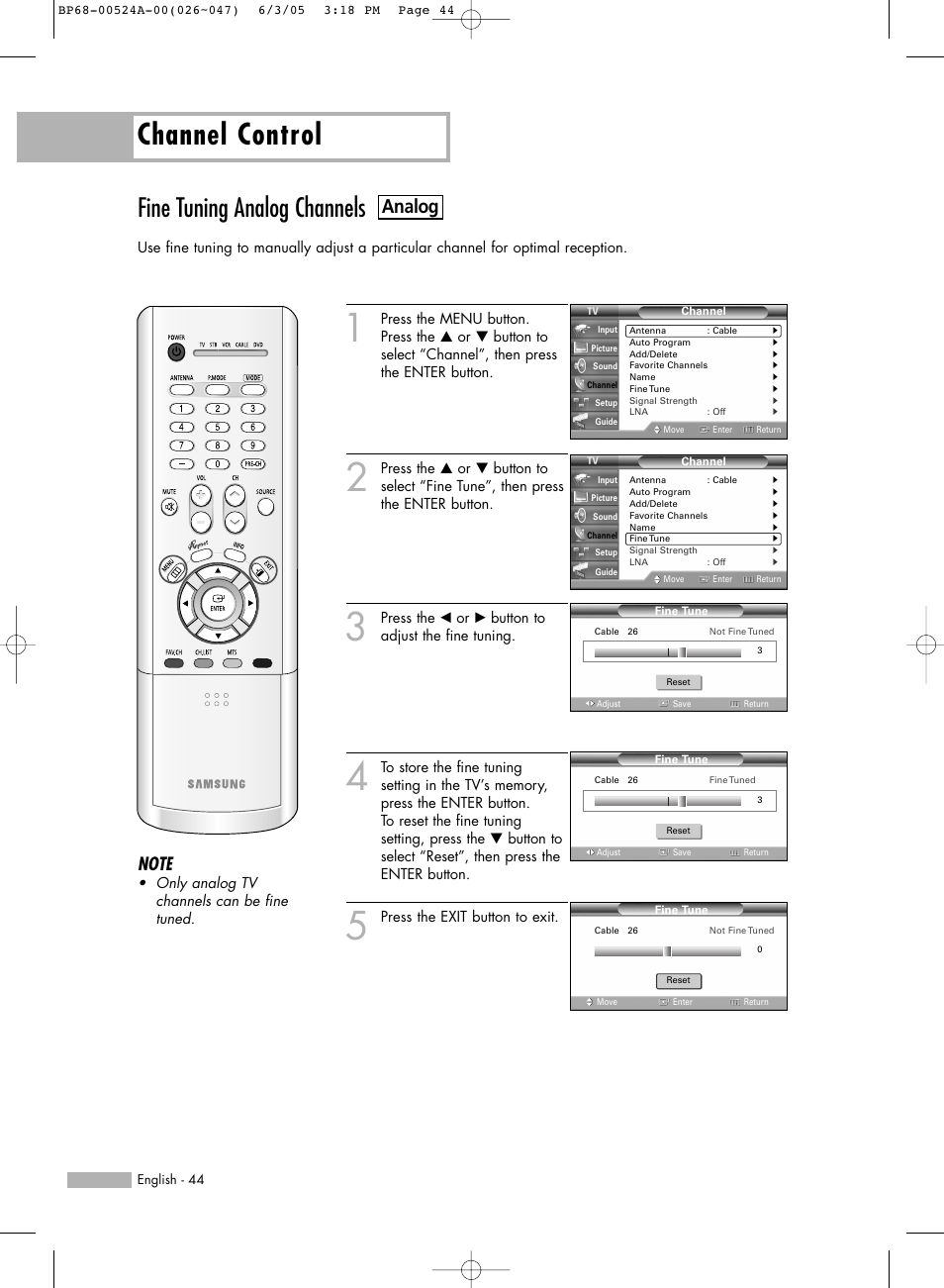 Fine tuning analog channels, Channel control, Analog | Samsung HL-R6156W User Manual | Page 44 / 96