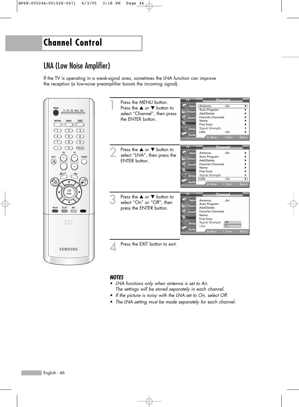 Lna (low noise amplifier), Channel control | Samsung HL-R6156W User Manual | Page 46 / 96