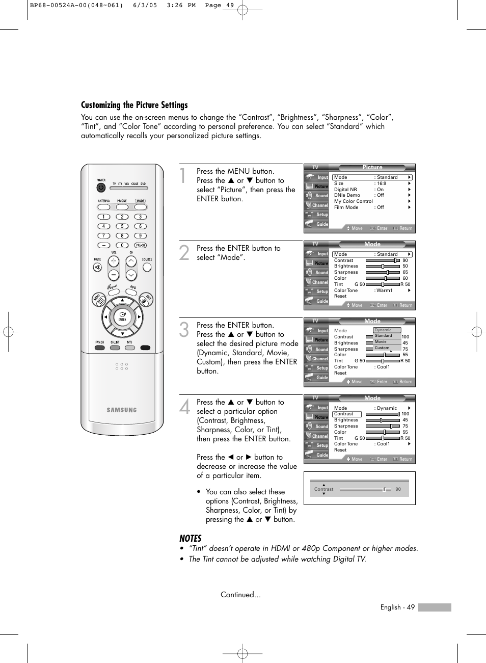 Customizing the picture settings, Press the enter button to select “mode | Samsung HL-R6156W User Manual | Page 49 / 96