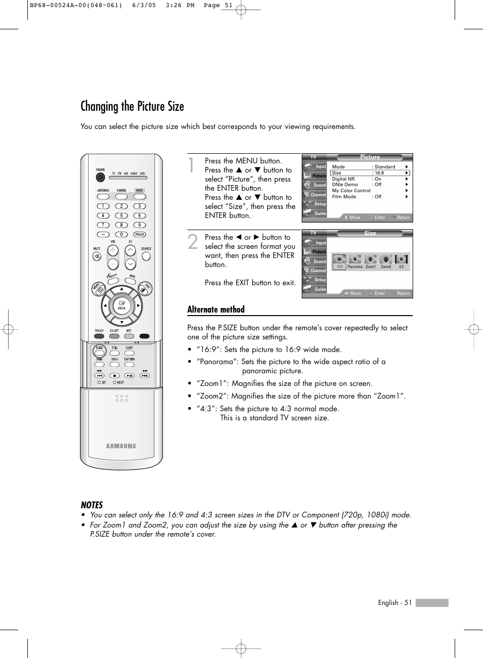 Changing the picture size, Alternate method | Samsung HL-R6156W User Manual | Page 51 / 96