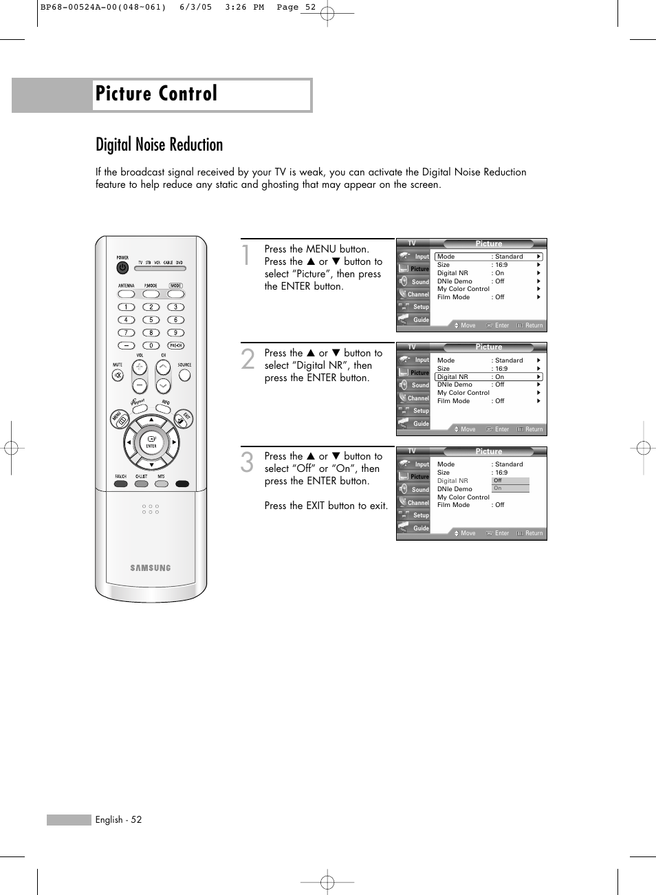 Digital noise reduction, Picture control | Samsung HL-R6156W User Manual | Page 52 / 96