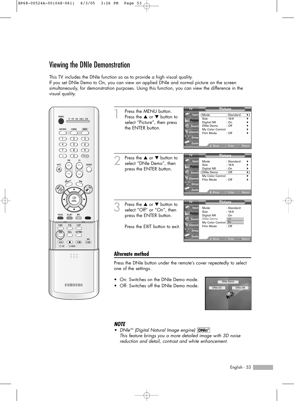 Viewing the dnie demonstration, Alternate method | Samsung HL-R6156W User Manual | Page 53 / 96