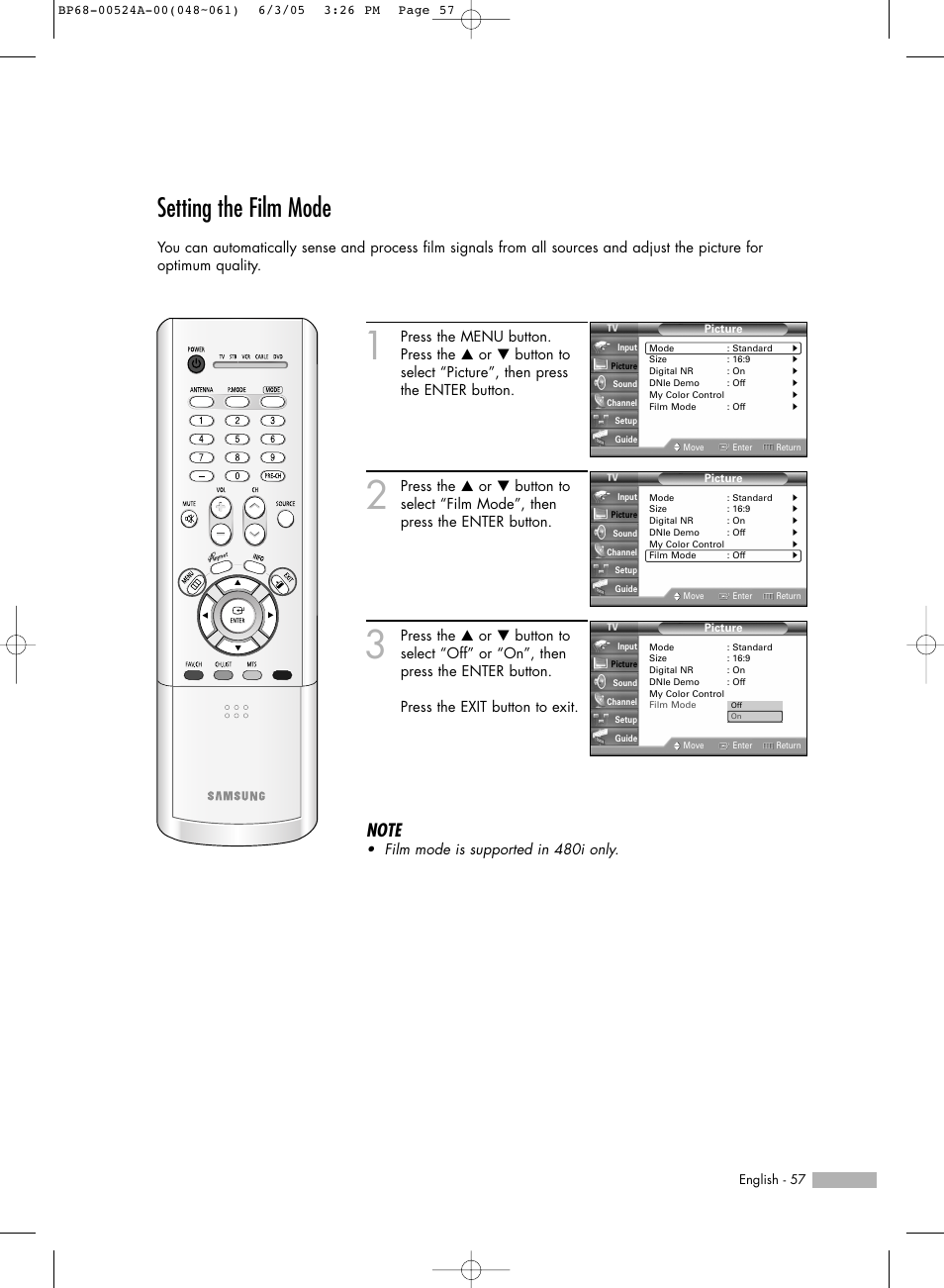 Setting the film mode | Samsung HL-R6156W User Manual | Page 57 / 96