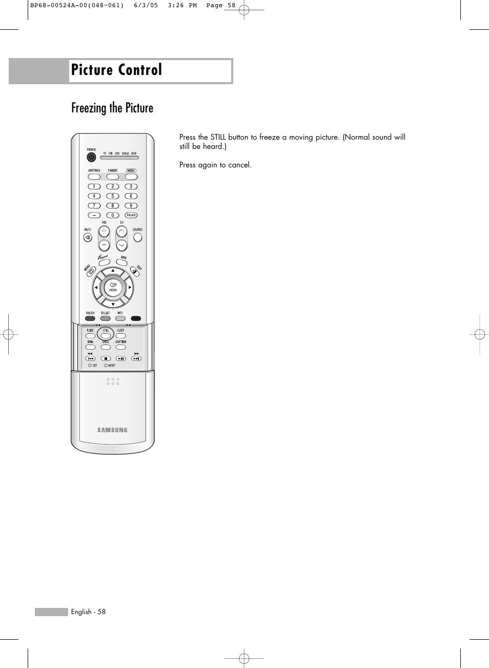 Freezing the picture, Picture control | Samsung HL-R6156W User Manual | Page 58 / 96