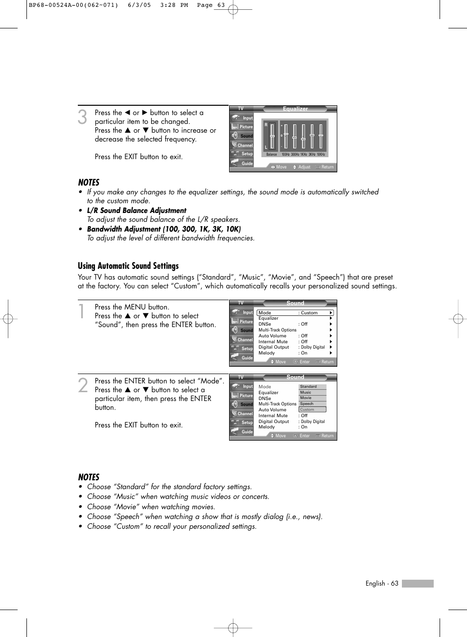 Using automatic sound settings | Samsung HL-R6156W User Manual | Page 63 / 96