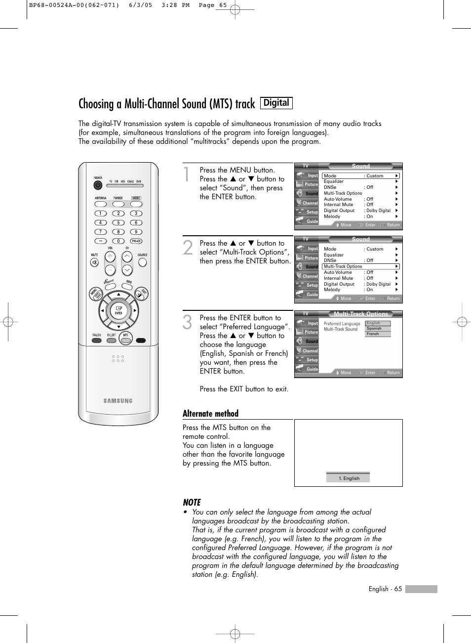 Choosing a multi-channel sound (mts) track, Digital, Alternate method | Samsung HL-R6156W User Manual | Page 65 / 96