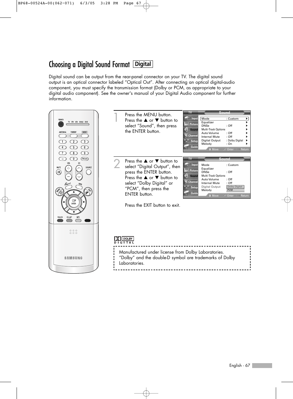Choosing a digital sound format, Digital | Samsung HL-R6156W User Manual | Page 67 / 96