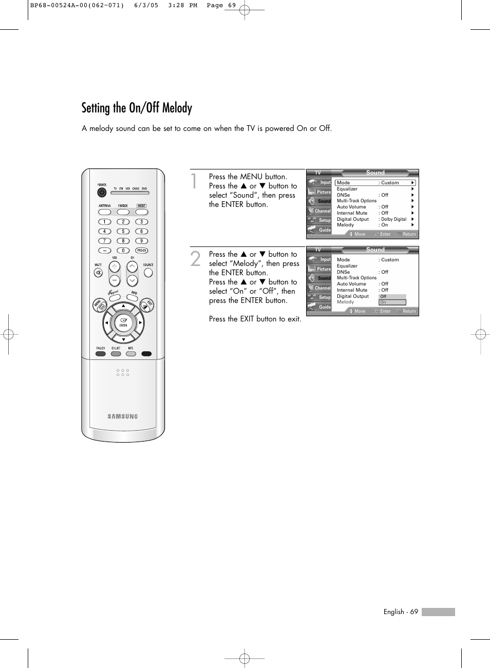 Setting the on/off melody | Samsung HL-R6156W User Manual | Page 69 / 96