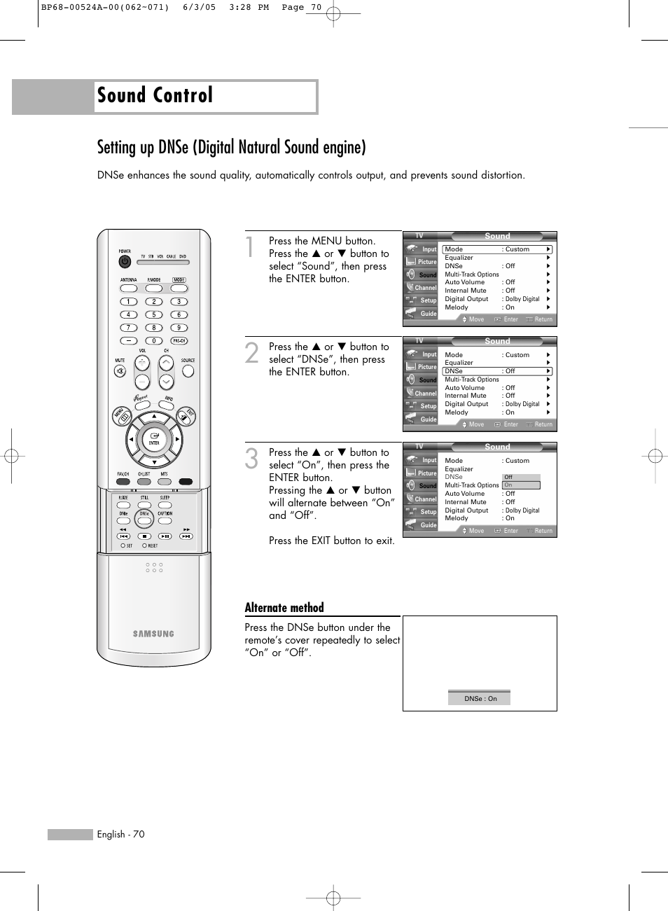 Setting up dnse (digital natural sound engine), Sound control, Alternate method | Samsung HL-R6156W User Manual | Page 70 / 96