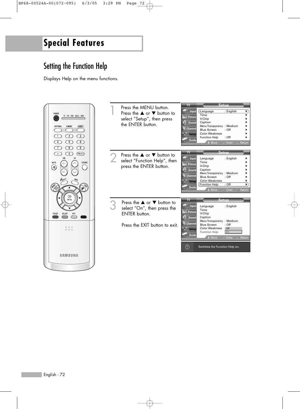 Setting the function help, Special features | Samsung HL-R6156W User Manual | Page 72 / 96