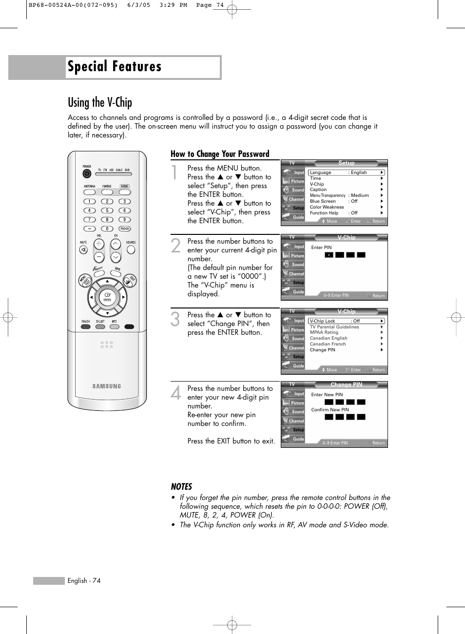 Using the v-chip, Special features, How to change your password | Samsung HL-R6156W User Manual | Page 74 / 96