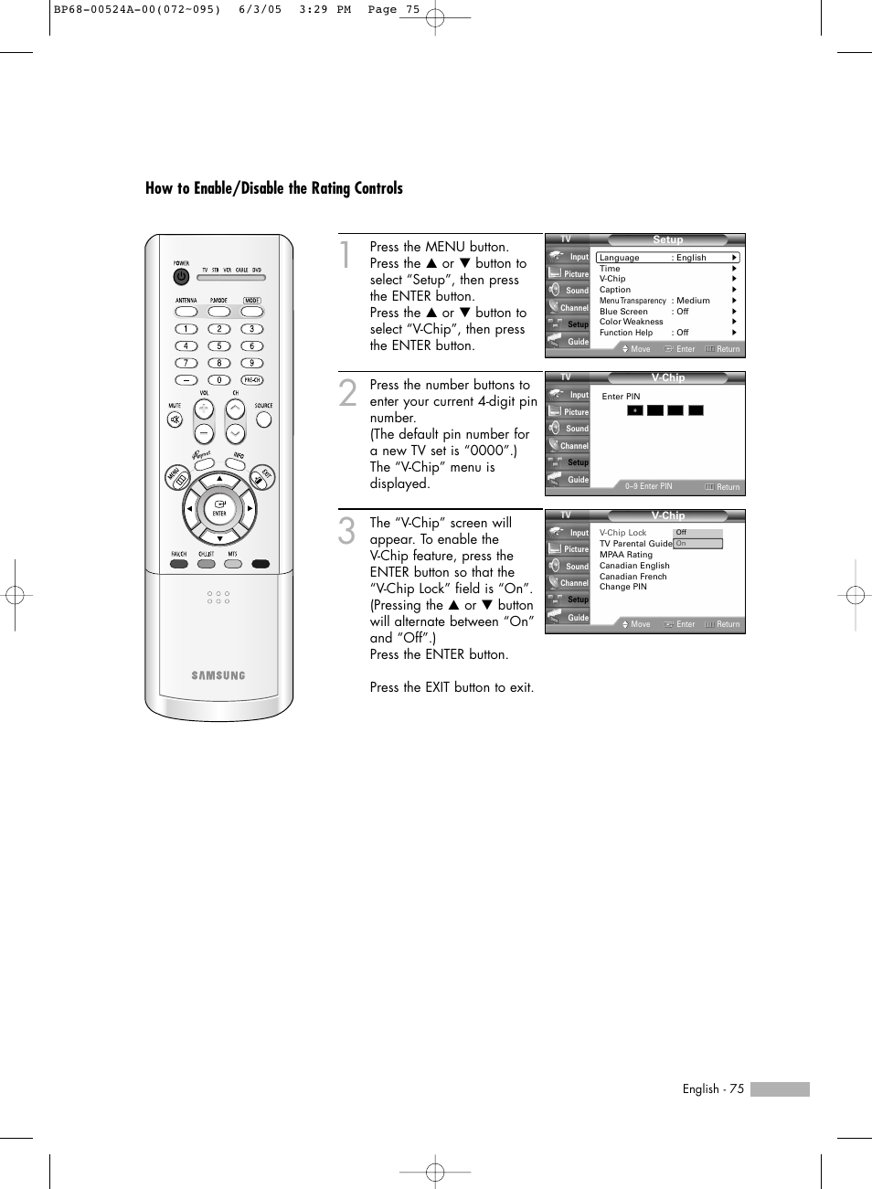 How to enable/disable the rating controls | Samsung HL-R6156W User Manual | Page 75 / 96