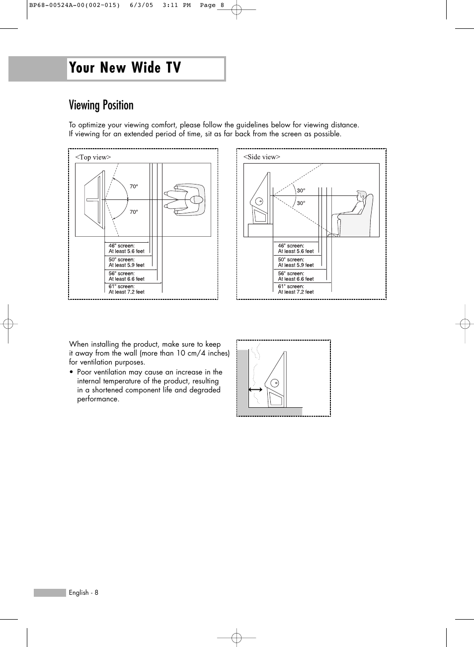 Viewing position, Your new wide tv | Samsung HL-R6156W User Manual | Page 8 / 96